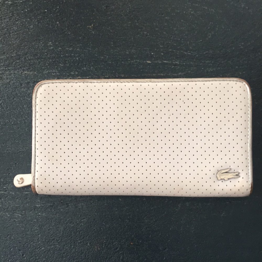 Lacoste White Perforated Leather Zipper Wallet